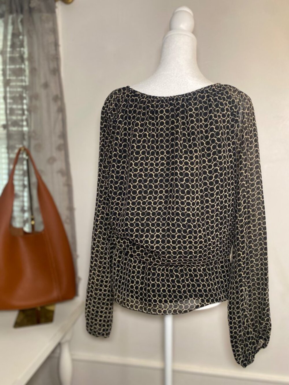Style & Co Black Beige Geometric Blouse 1X Sheer Balloon Sleeve Top - Picture 4 of 8